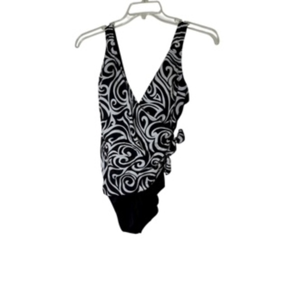 NWOT Longitude Left Side Faux Tie One Piece Abstract Design Swimsuit Size 12 - Picture 1 of 9